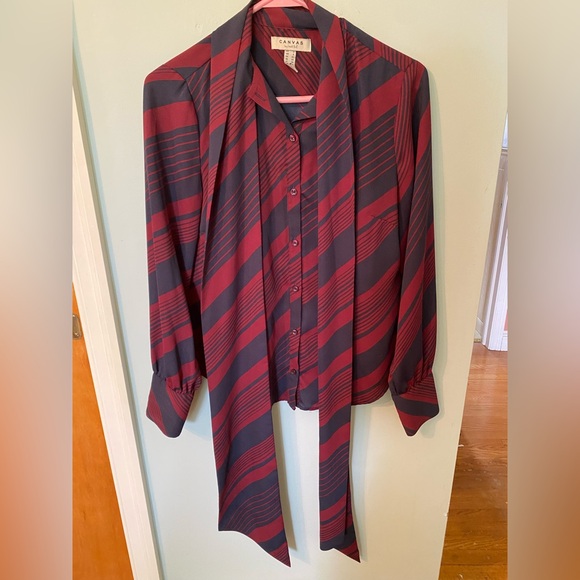 “Canvas” by Lands' End burgundy and Navy Blue Striped Blouse - Picture 1 of 5